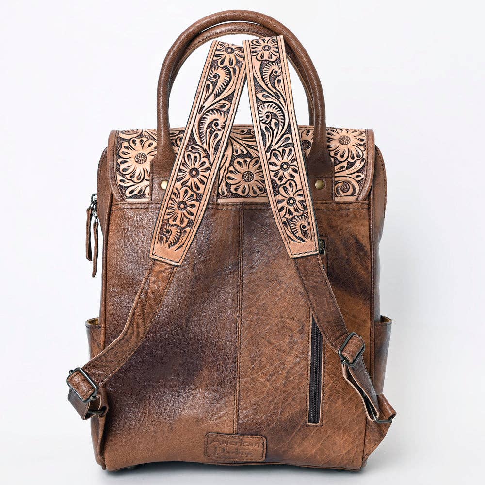 ADBG1088 Southwestern Tooled Leather Backpack-Woven Wool Panels & Top Handles