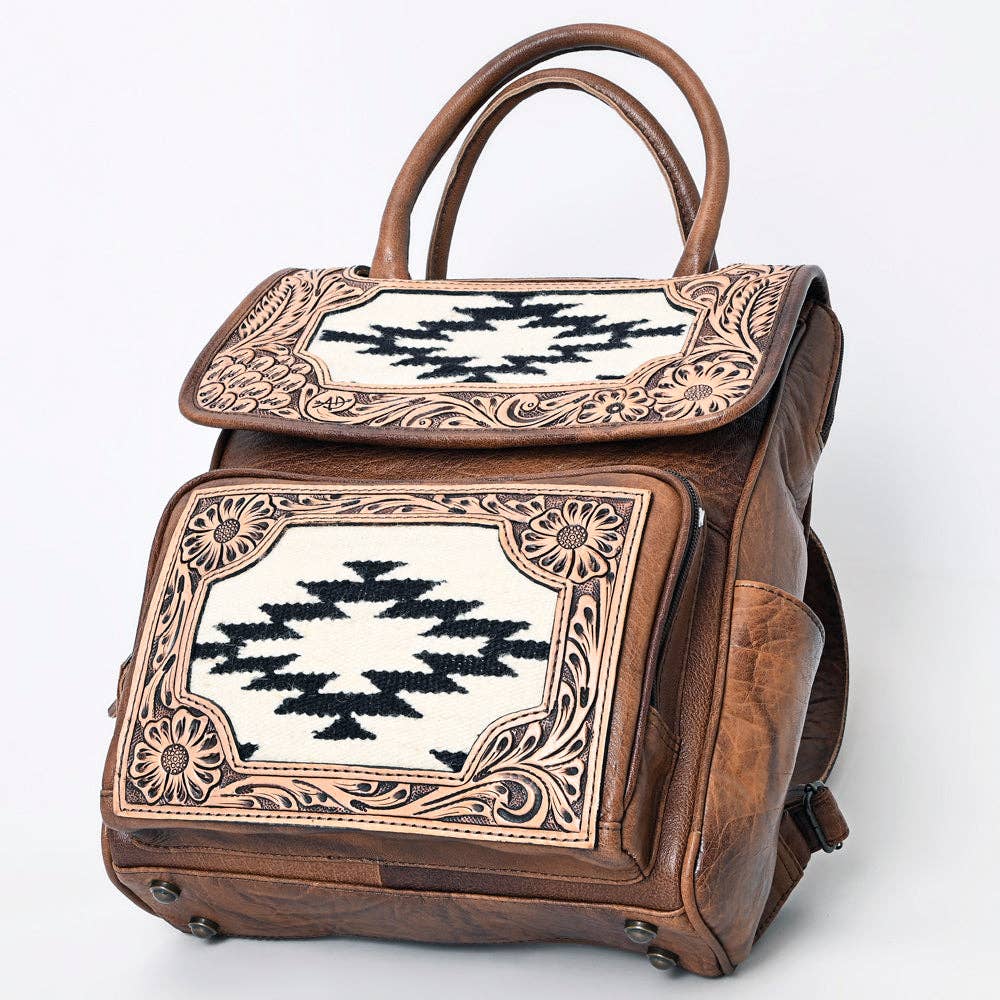 ADBG1088 Southwestern Tooled Leather Backpack-Woven Wool Panels & Top Handles