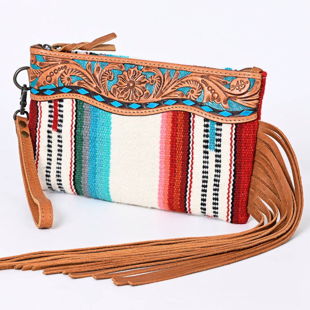 ADBG344 Southwestern Wool Wristlet Clutch with Tooled Leather Trim & Fringe Tassel