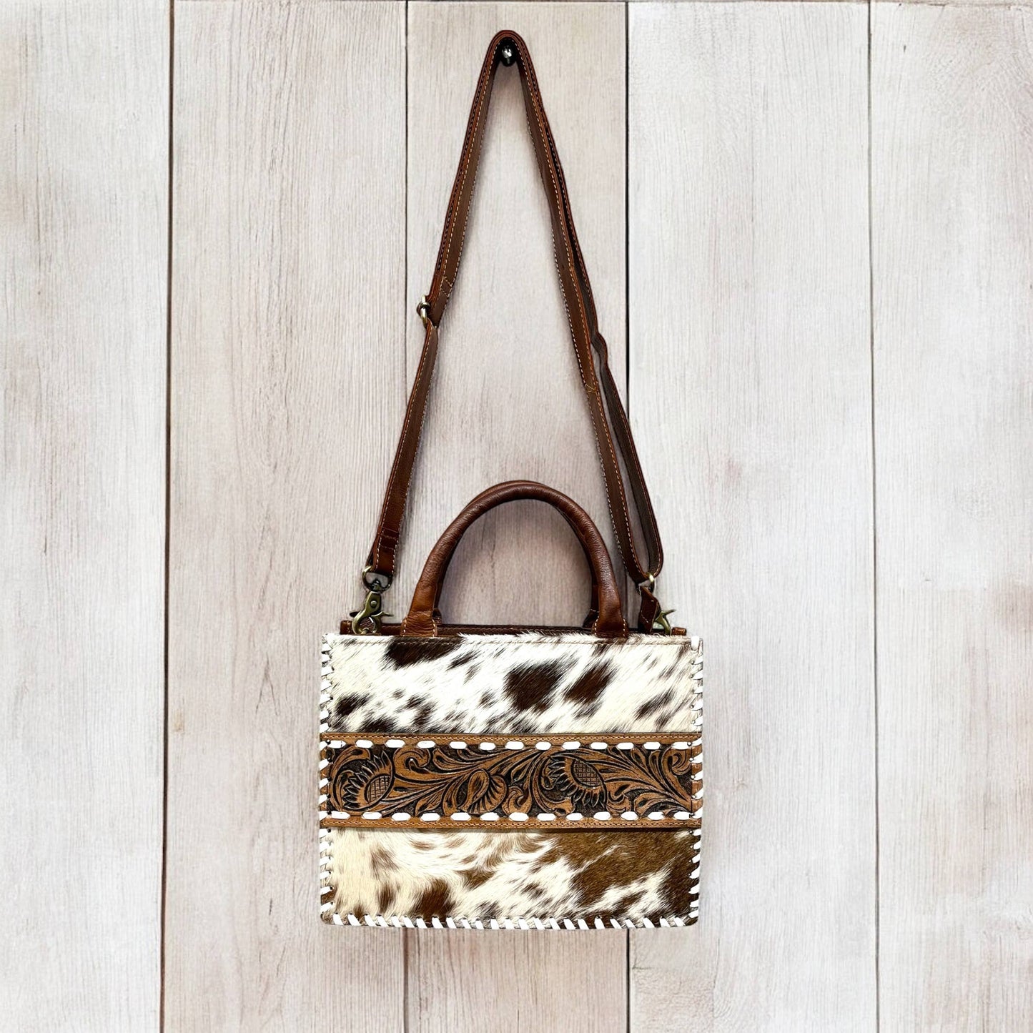 Blossom tooled & cowhide tote bag