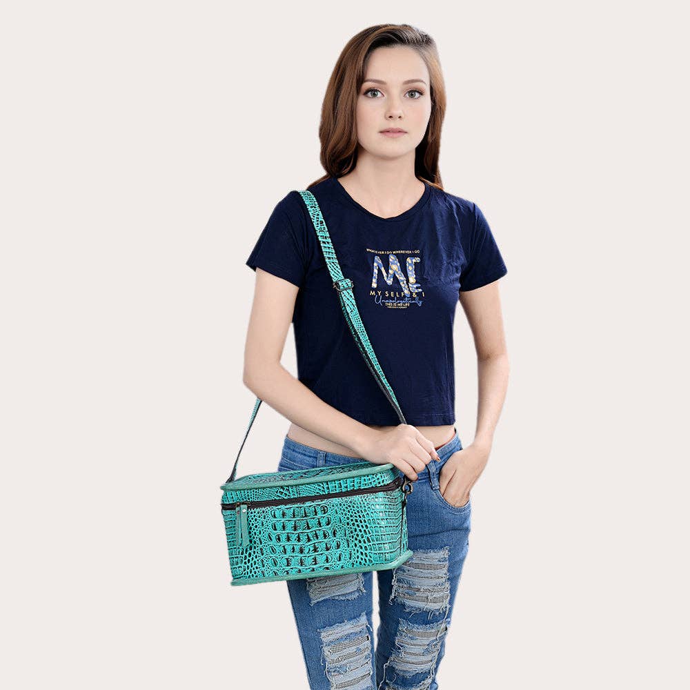 ADBG1252 Turquoise Croc-Embossed Leather Cosmetic Bag - Western Jewelry Case
