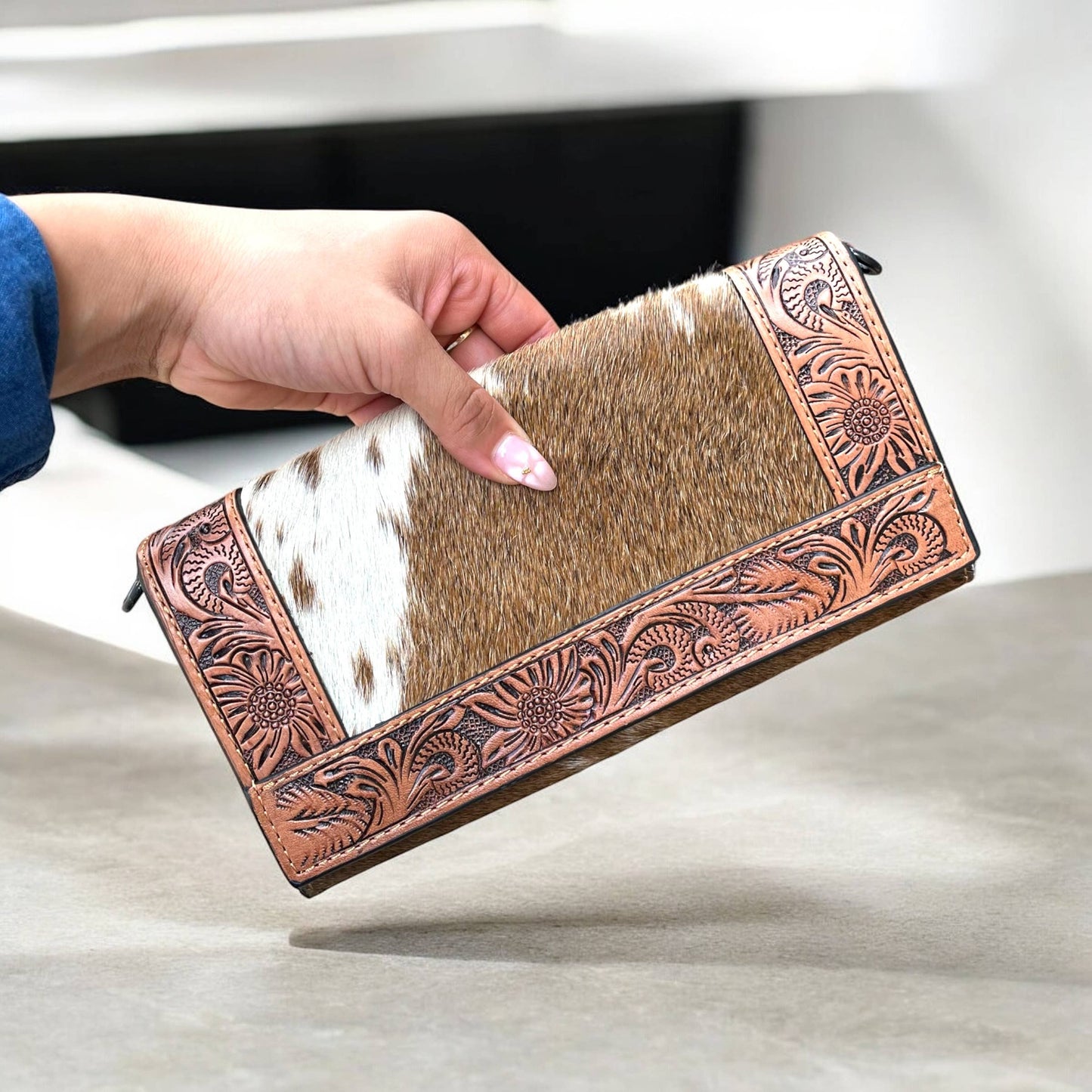 Cowhide & tooled leather crossbody wallet