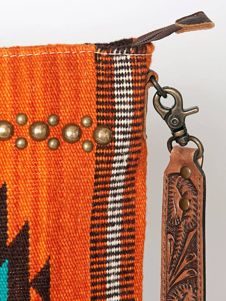 LC-ADBG865 Orange Southwestern Saddle Blanket Crossbody Bag with Tooled Leather Strap & Stud Accents