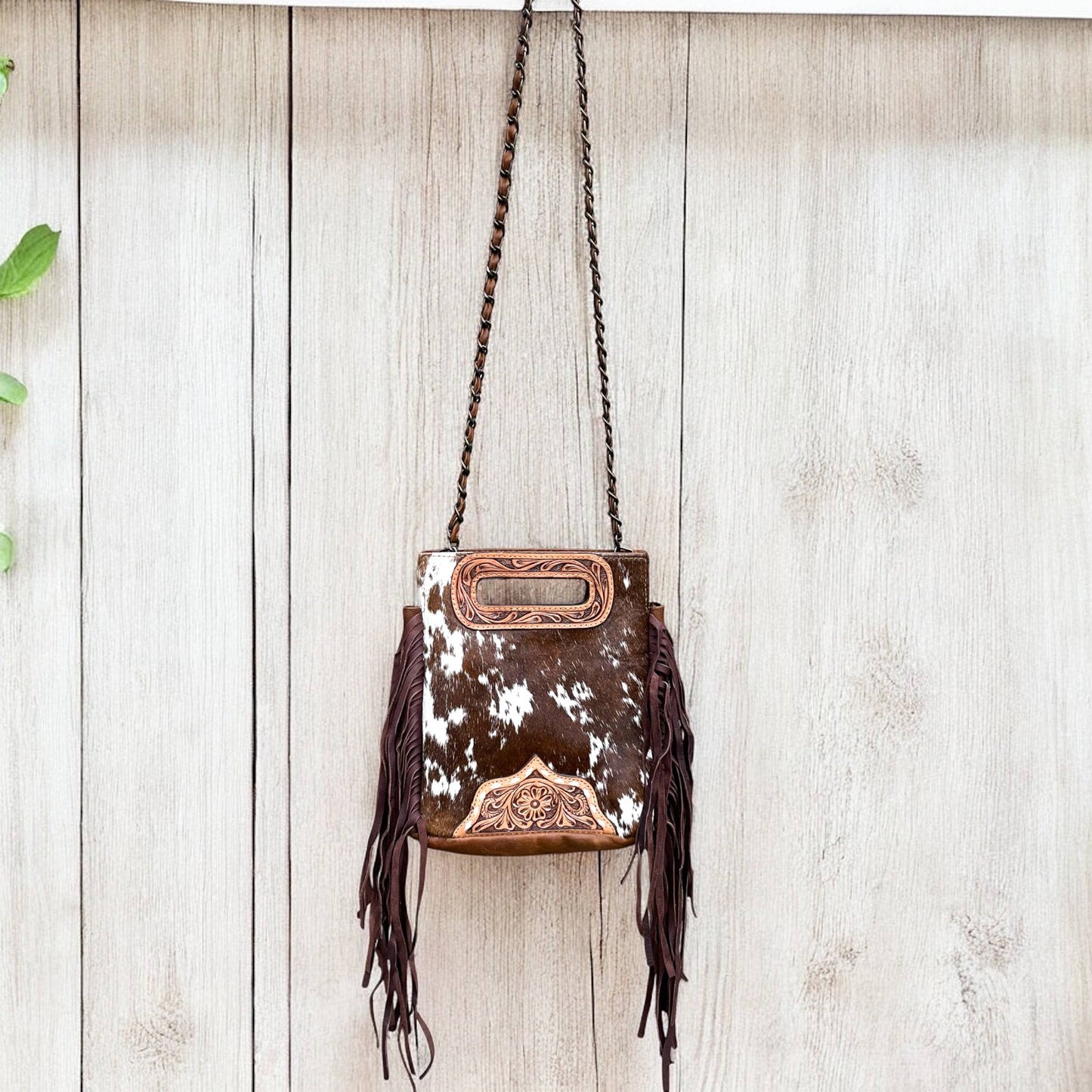 Cowgirl tooled leather & cowhide fringe crossbody bag