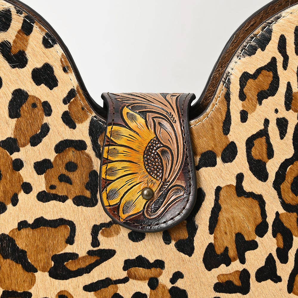 ADBG1075 Leopard Print Cowhide Hobo Bag with Tooled Feather Strap-Western Leather Shoulder Purse