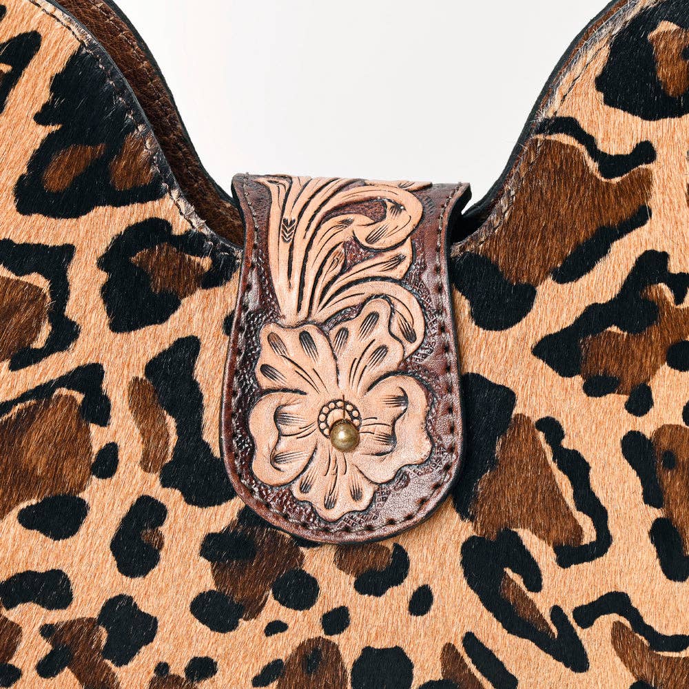 ADBG1075 Leopard Print Cowhide Hobo Bag with Tooled Feather Strap-Western Leather Shoulder Purse