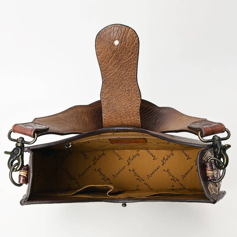 LC-ADBG1081 Hair-On Cowhide Tooled & Hand-Painted Leather Strap. Women’s Shoulder Bag