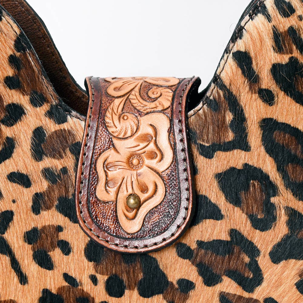 ADBG1075 Leopard Print Cowhide Hobo Bag with Tooled Feather Strap-Western Leather Shoulder Purse