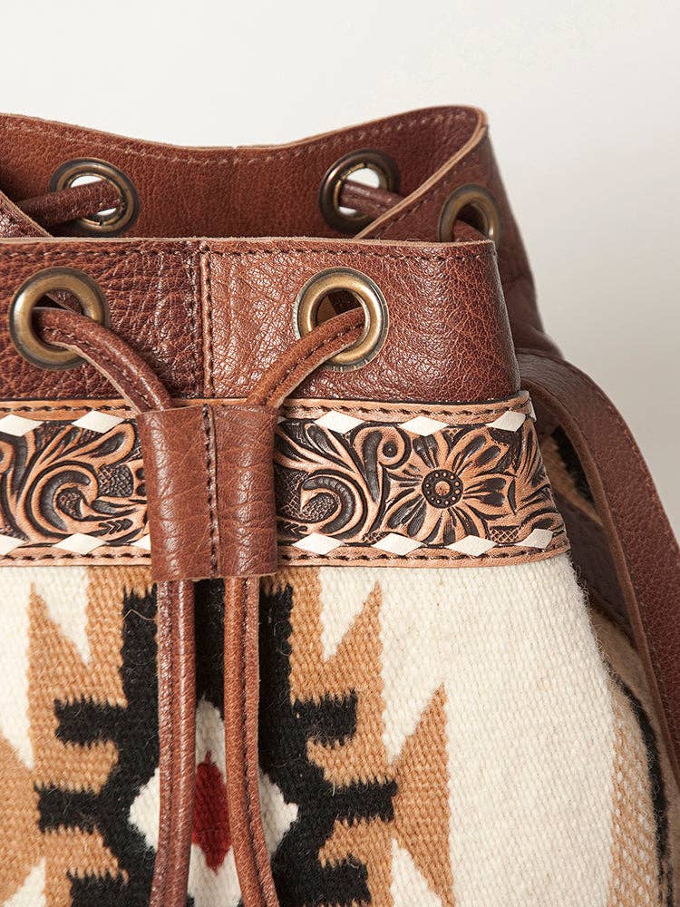 LC-ADBG862 Hand-Tooled Western Leather Bucket Bag with Wool Blanket Weave American Darling Drawstring Purse