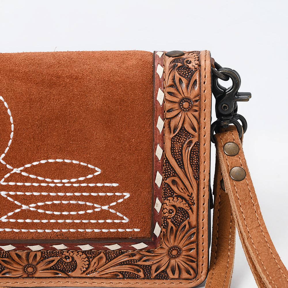 ADBG1653 Tan Suede & Tooled Leather Crossbody Bag with White Embroidery and Floral Border