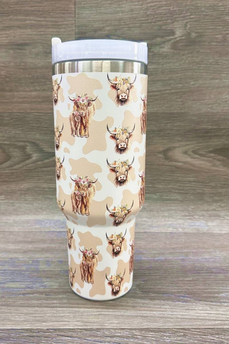 White HIGHLAND COW STAINLESS STEEL TUMBLERS CUP 40oz