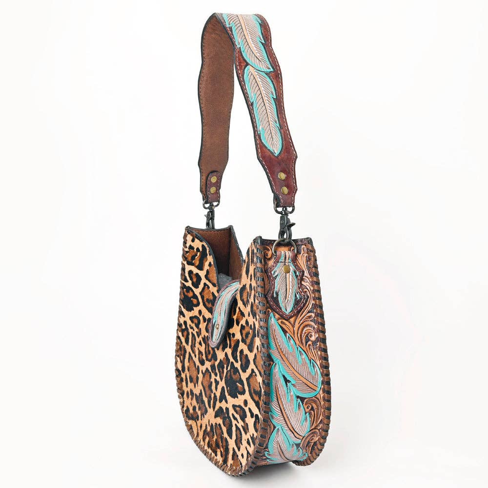 ADBG1075 Leopard Print Cowhide Hobo Bag with Tooled Feather Strap-Western Leather Shoulder Purse