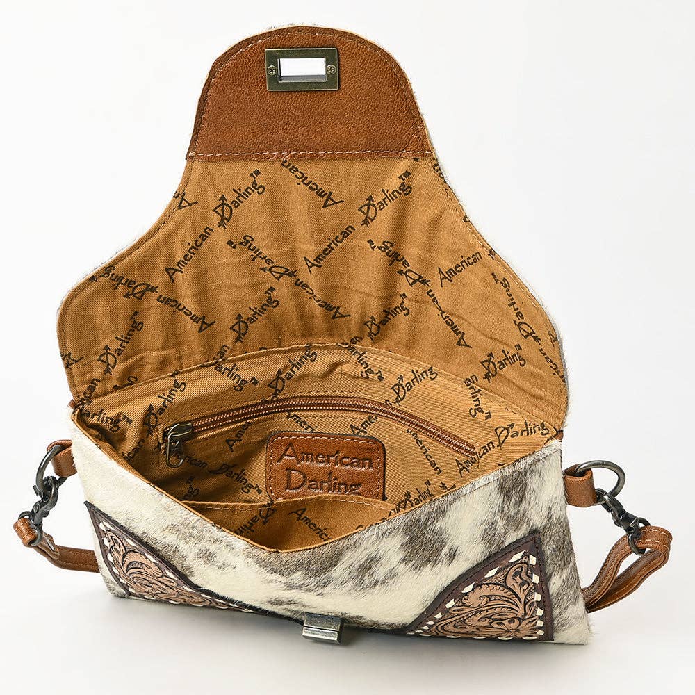 ADBG1497 Hair-On Cowhide & Tooled Leather Crossbody Clutch - Western Turn-Lock Flap