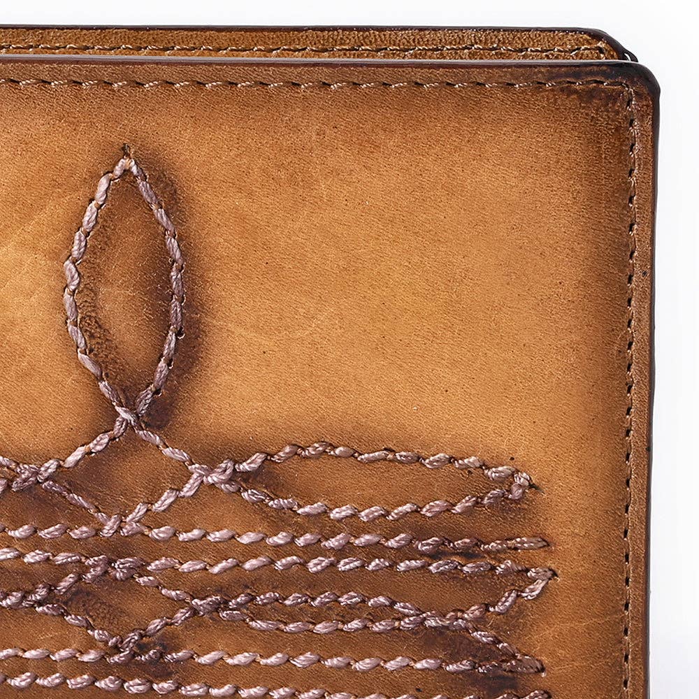 ADBGM529D Hand-Stitched Tan Leather Bifold Wallet - Western Men's Embroidered Cowboy Wallet