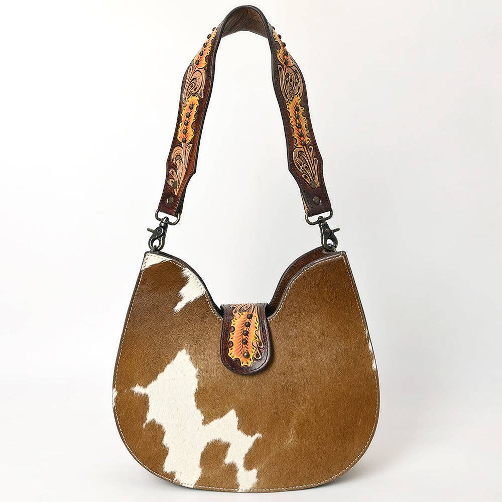 LC-ADBG1081 Hair-On Cowhide Tooled & Hand-Painted Leather Strap. Women’s Shoulder Bag