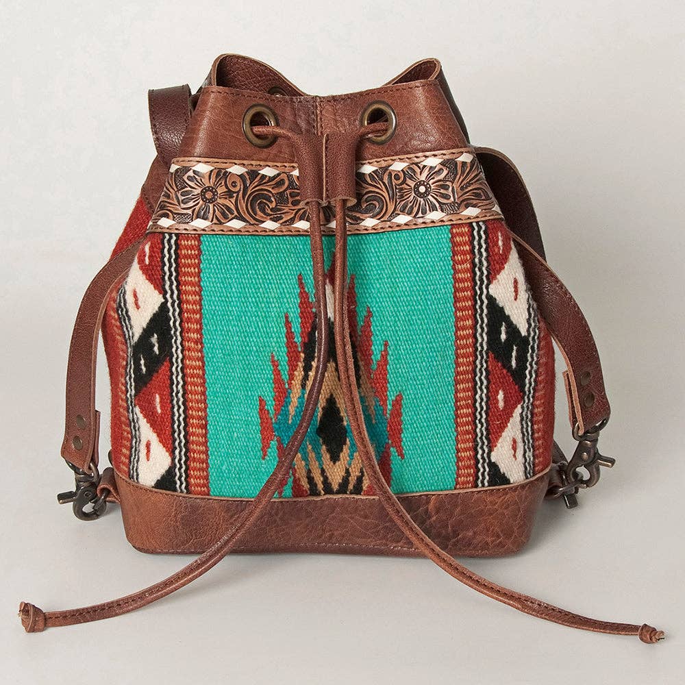 LC-ADBG862 Hand-Tooled Western Leather Bucket Bag with Wool Blanket Weave American Darling Drawstring Purse