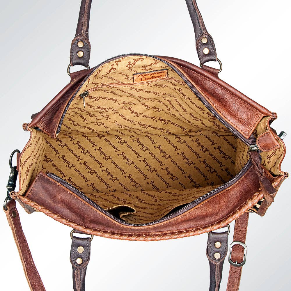 LC-ADBG229 Printed Hair-On Hide Leather Tote with Brown Strap and Stitch Detailing