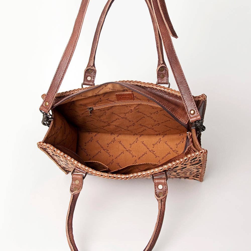LC-ADBG229 Printed Hair-On Hide Leather Tote with Brown Strap and Stitch Detailing