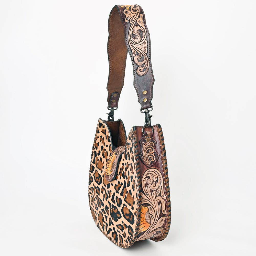 ADBG1075 Leopard Print Cowhide Hobo Bag with Tooled Feather Strap-Western Leather Shoulder Purse