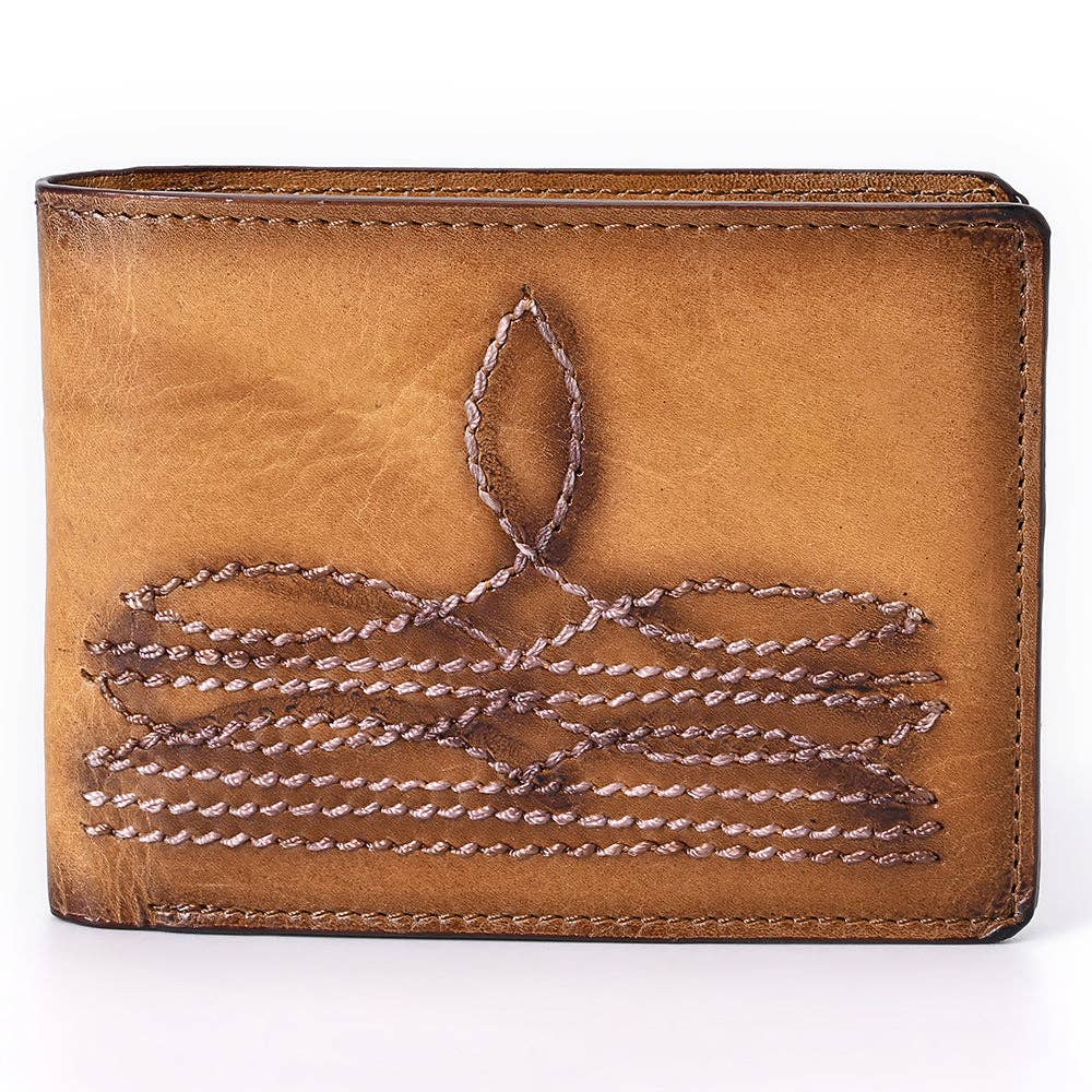 ADBGM529D Hand-Stitched Tan Leather Bifold Wallet - Western Men's Embroidered Cowboy Wallet