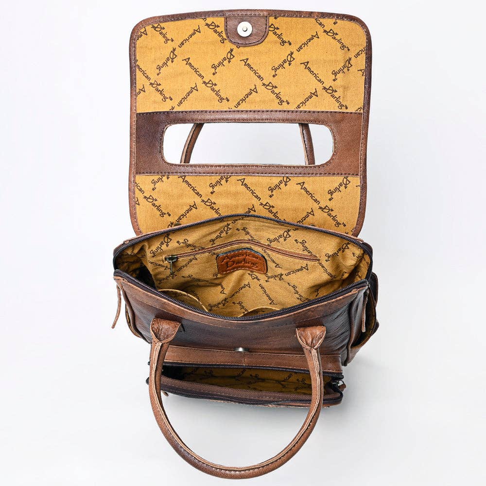 ADBG1088 Southwestern Tooled Leather Backpack-Woven Wool Panels & Top Handles