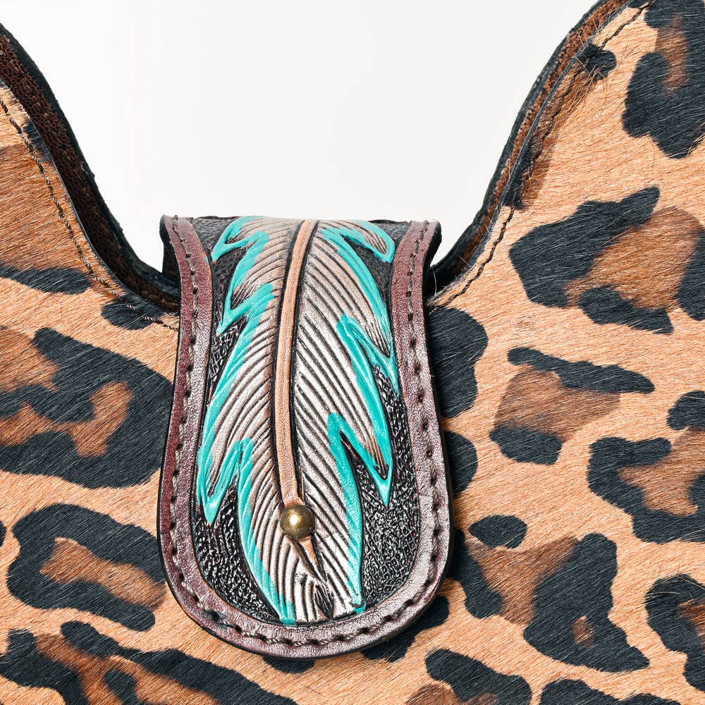 ADBG1075 Leopard Print Cowhide Hobo Bag with Tooled Feather Strap-Western Leather Shoulder Purse