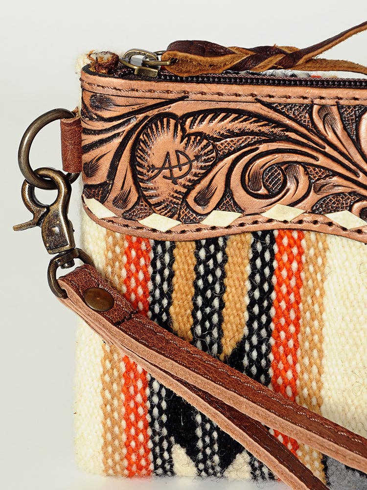 ADBG344 Southwestern Wool Wristlet Clutch with Tooled Leather Trim & Fringe Tassel