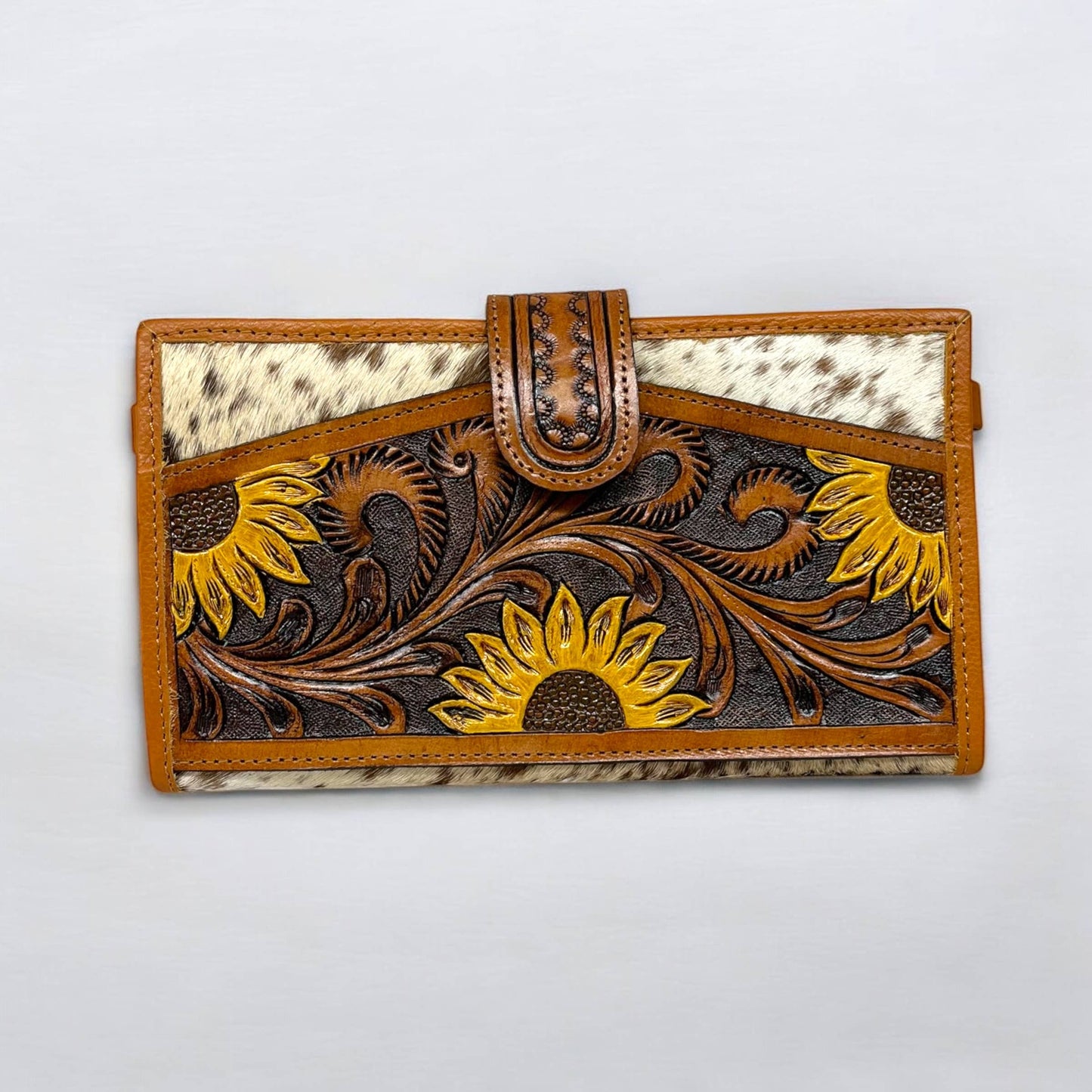 Sunflower tooled & cowhide crossbody wallet