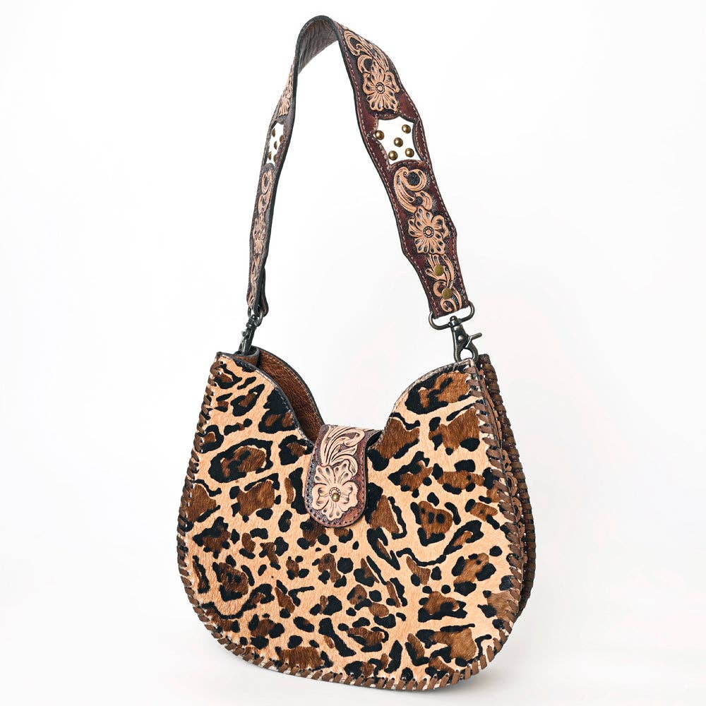 ADBG1075 Leopard Print Cowhide Hobo Bag with Tooled Feather Strap-Western Leather Shoulder Purse