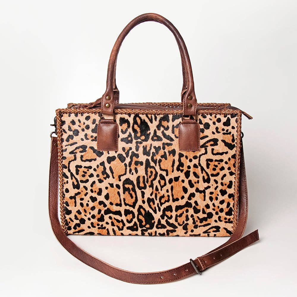 LC-ADBG229 Printed Hair-On Hide Leather Tote with Brown Strap and Stitch Detailing
