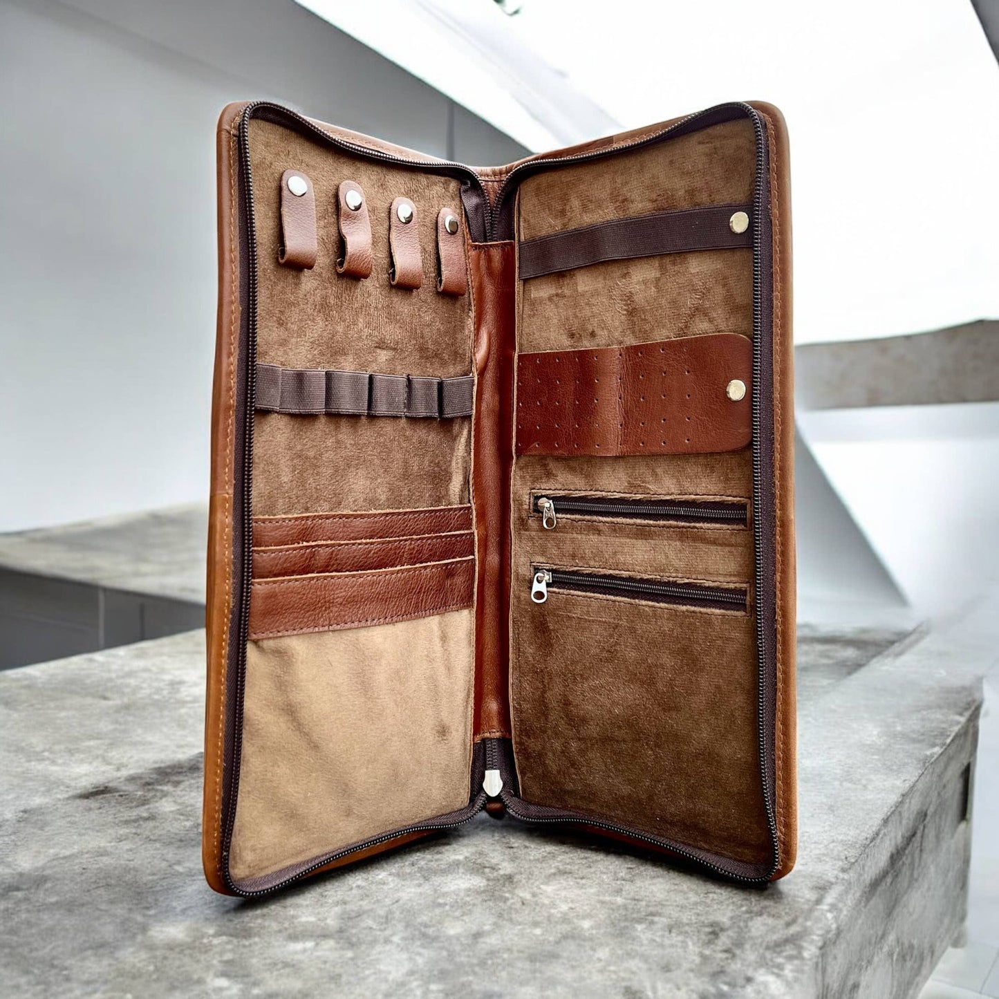 Tan cowhide & tooled jewelry wallet