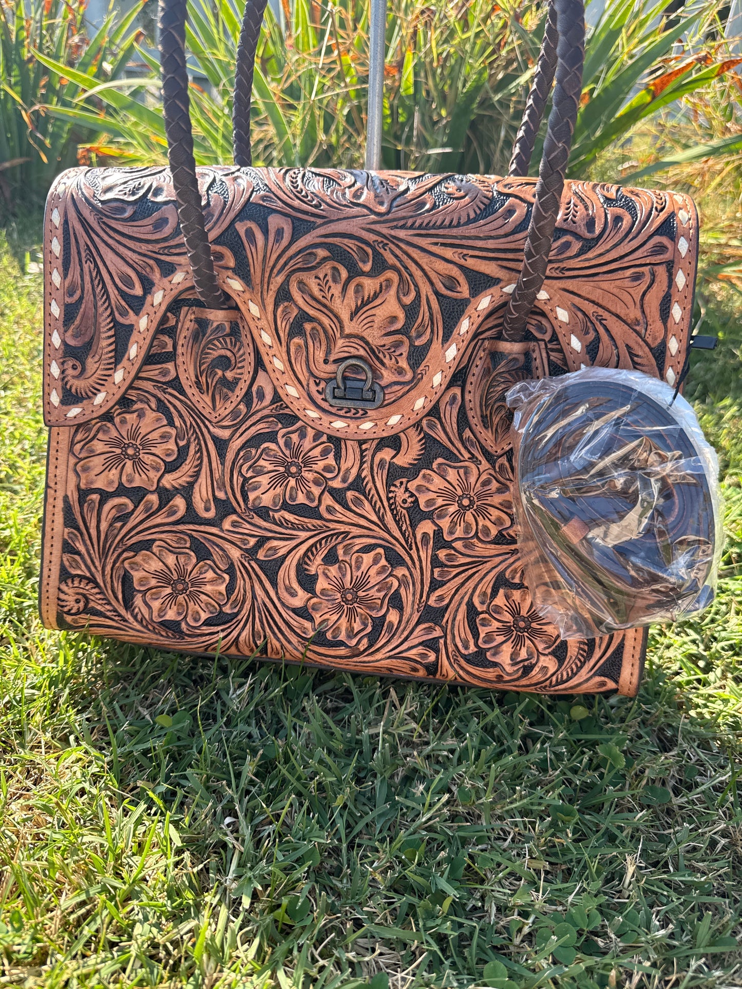 Tooled leather tote purse