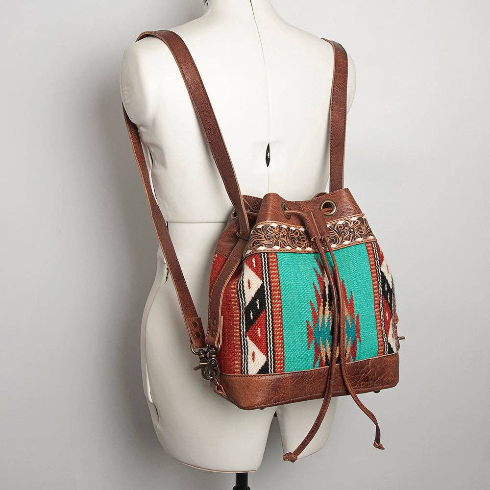 LC-ADBG862 Hand-Tooled Western Leather Bucket Bag with Wool Blanket Weave American Darling Drawstring Purse