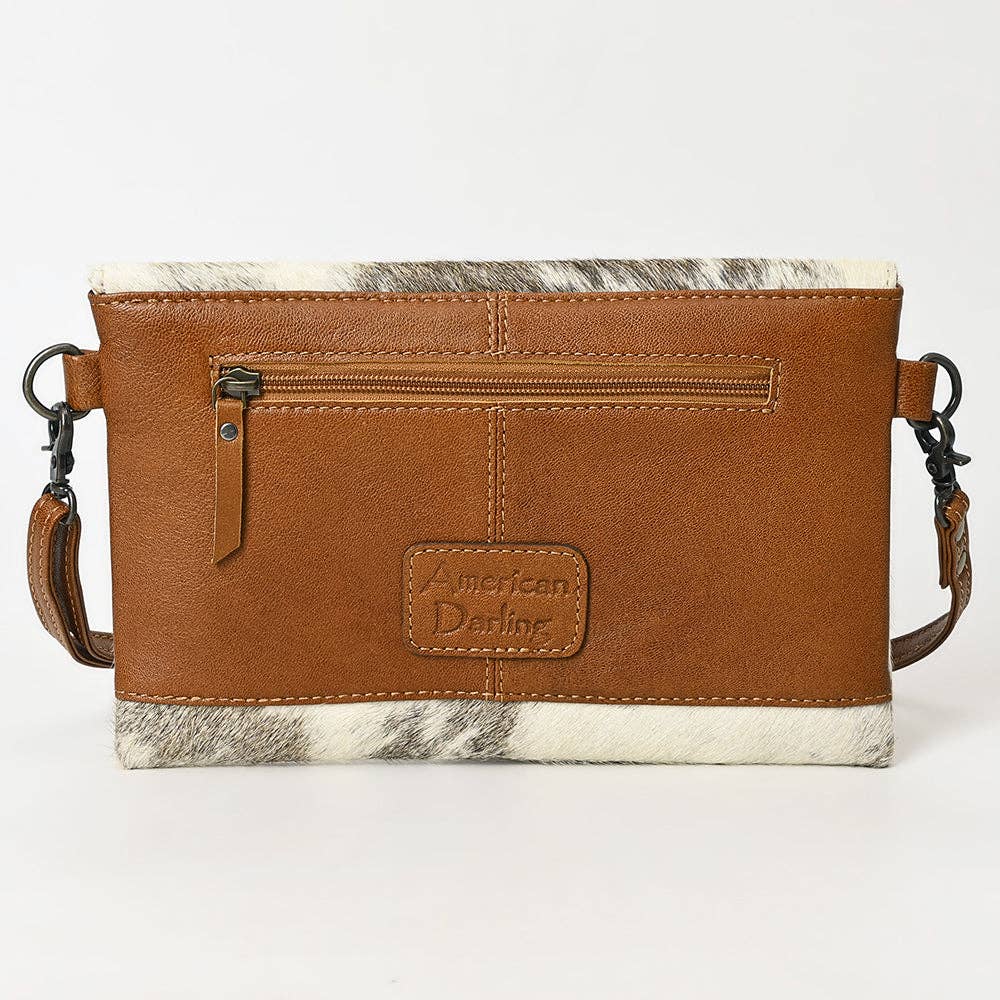 ADBG1497 Hair-On Cowhide & Tooled Leather Crossbody Clutch - Western Turn-Lock Flap