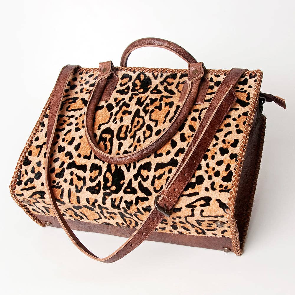 LC-ADBG229 Printed Hair-On Hide Leather Tote with Brown Strap and Stitch Detailing