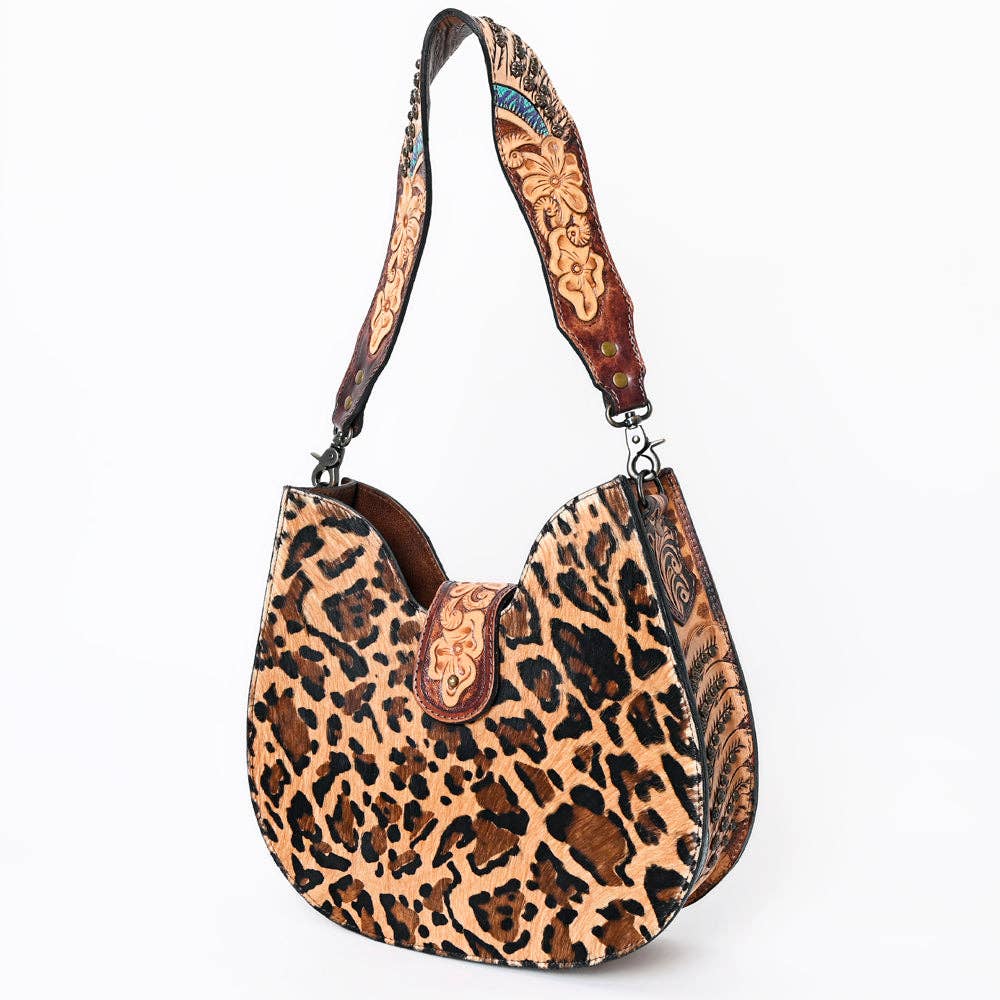 ADBG1075 Leopard Print Cowhide Hobo Bag with Tooled Feather Strap-Western Leather Shoulder Purse