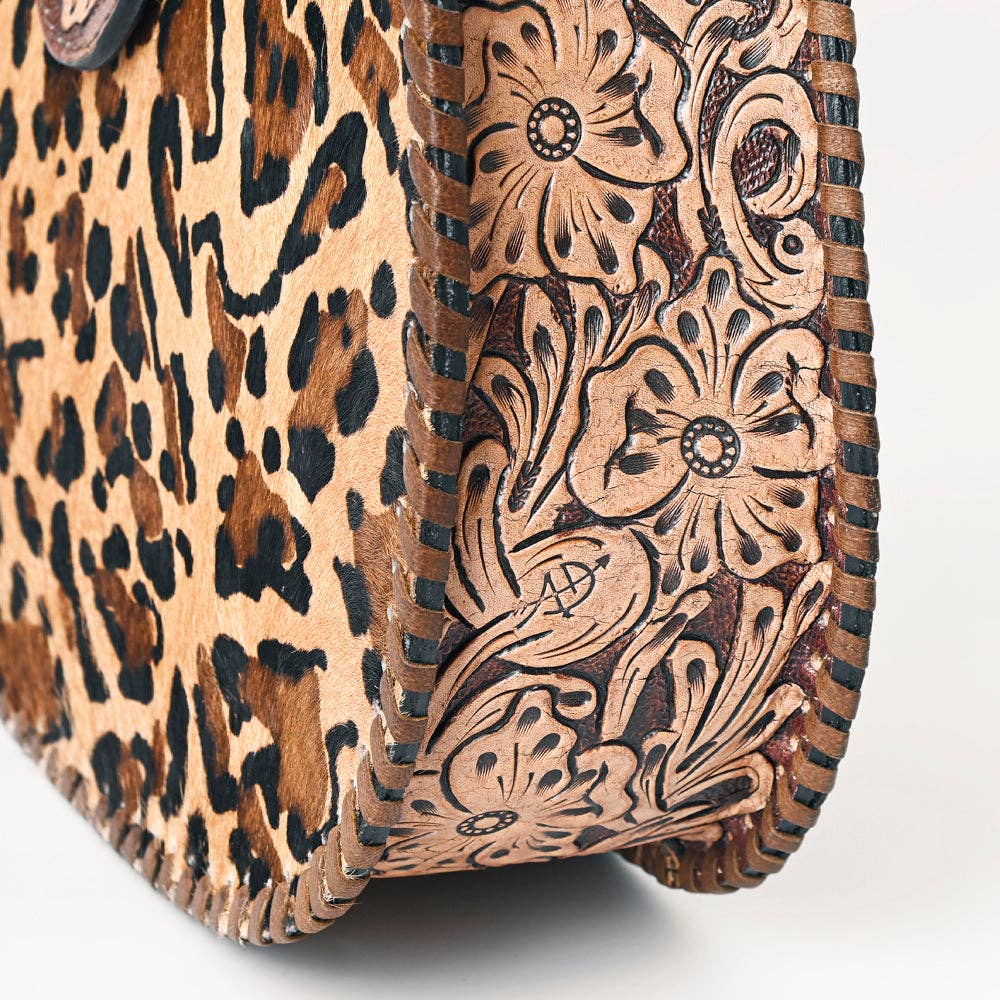 ADBG1075 Leopard Print Cowhide Hobo Bag with Tooled Feather Strap-Western Leather Shoulder Purse