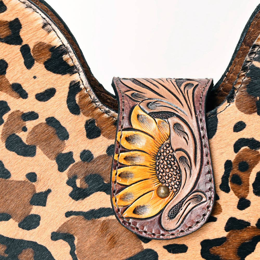 ADBG1075 Leopard Print Cowhide Hobo Bag with Tooled Feather Strap-Western Leather Shoulder Purse