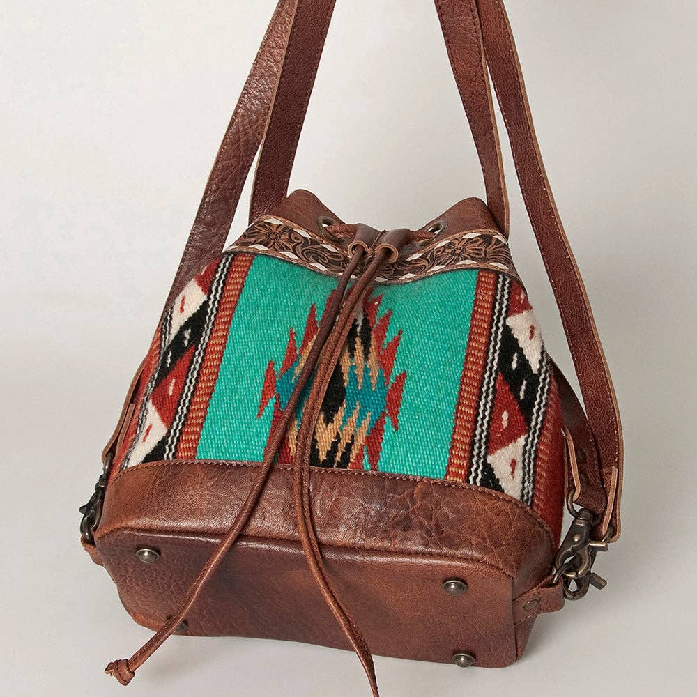 LC-ADBG862 Hand-Tooled Western Leather Bucket Bag with Wool Blanket Weave American Darling Drawstring Purse