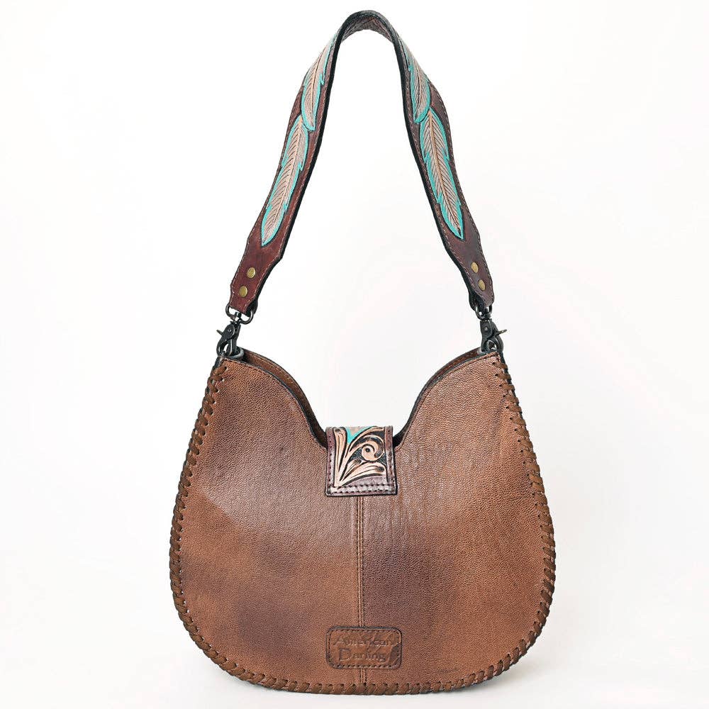 ADBG1075 Leopard Print Cowhide Hobo Bag with Tooled Feather Strap-Western Leather Shoulder Purse