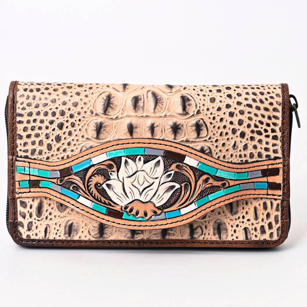 ADBG1190 Croc-Embossed Leather Wallet - Tooled Southwestern Geometric Design