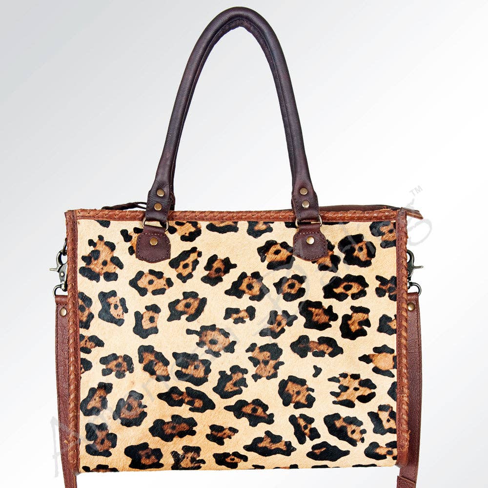 LC-ADBG229 Printed Hair-On Hide Leather Tote with Brown Strap and Stitch Detailing