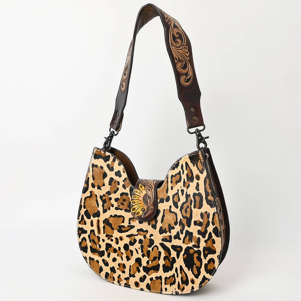 ADBG1075 Leopard Print Cowhide Hobo Bag with Tooled Feather Strap-Western Leather Shoulder Purse
