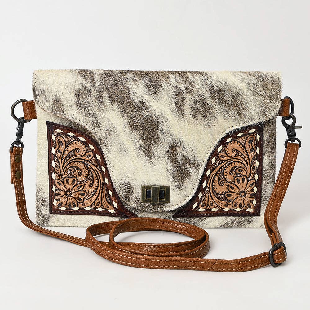 ADBG1497 Hair-On Cowhide & Tooled Leather Crossbody Clutch - Western Turn-Lock Flap