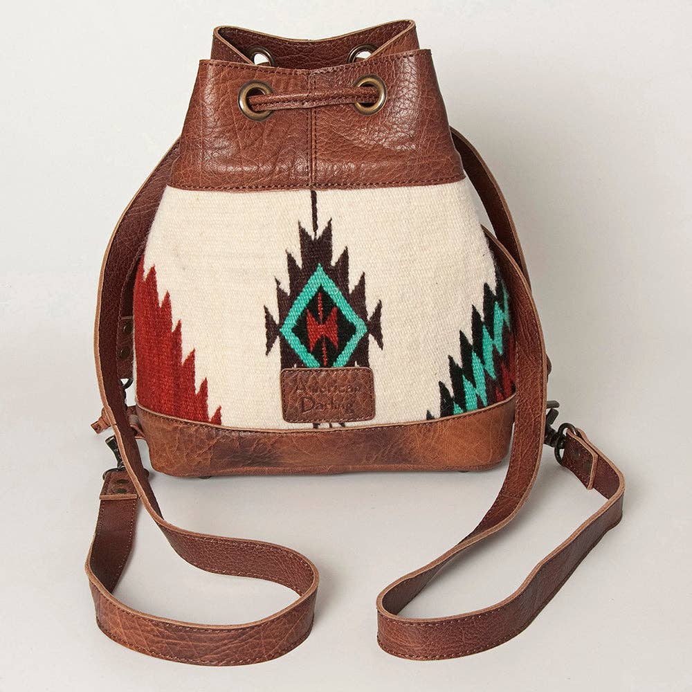 LC-ADBG862 Hand-Tooled Western Leather Bucket Bag with Wool Blanket Weave American Darling Drawstring Purse