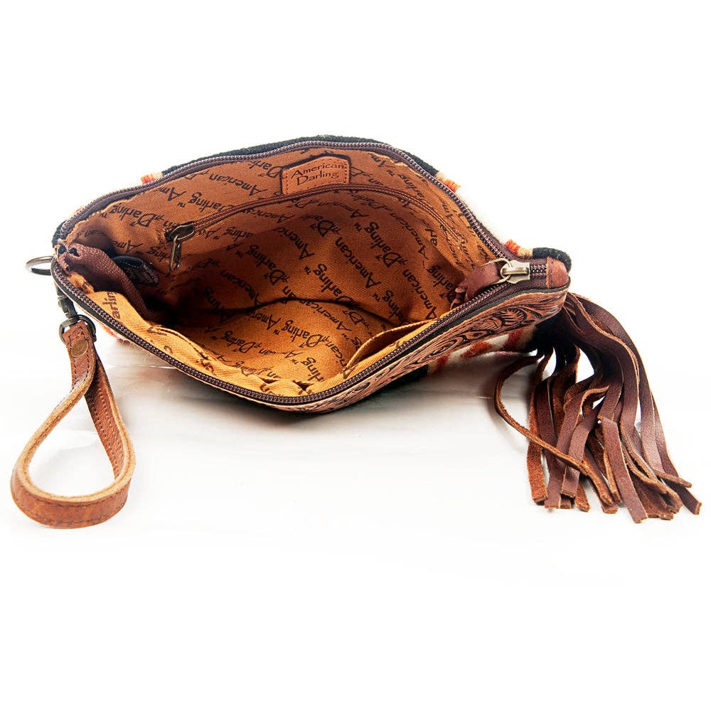ADBG344 Southwestern Wool Wristlet Clutch with Tooled Leather Trim & Fringe Tassel