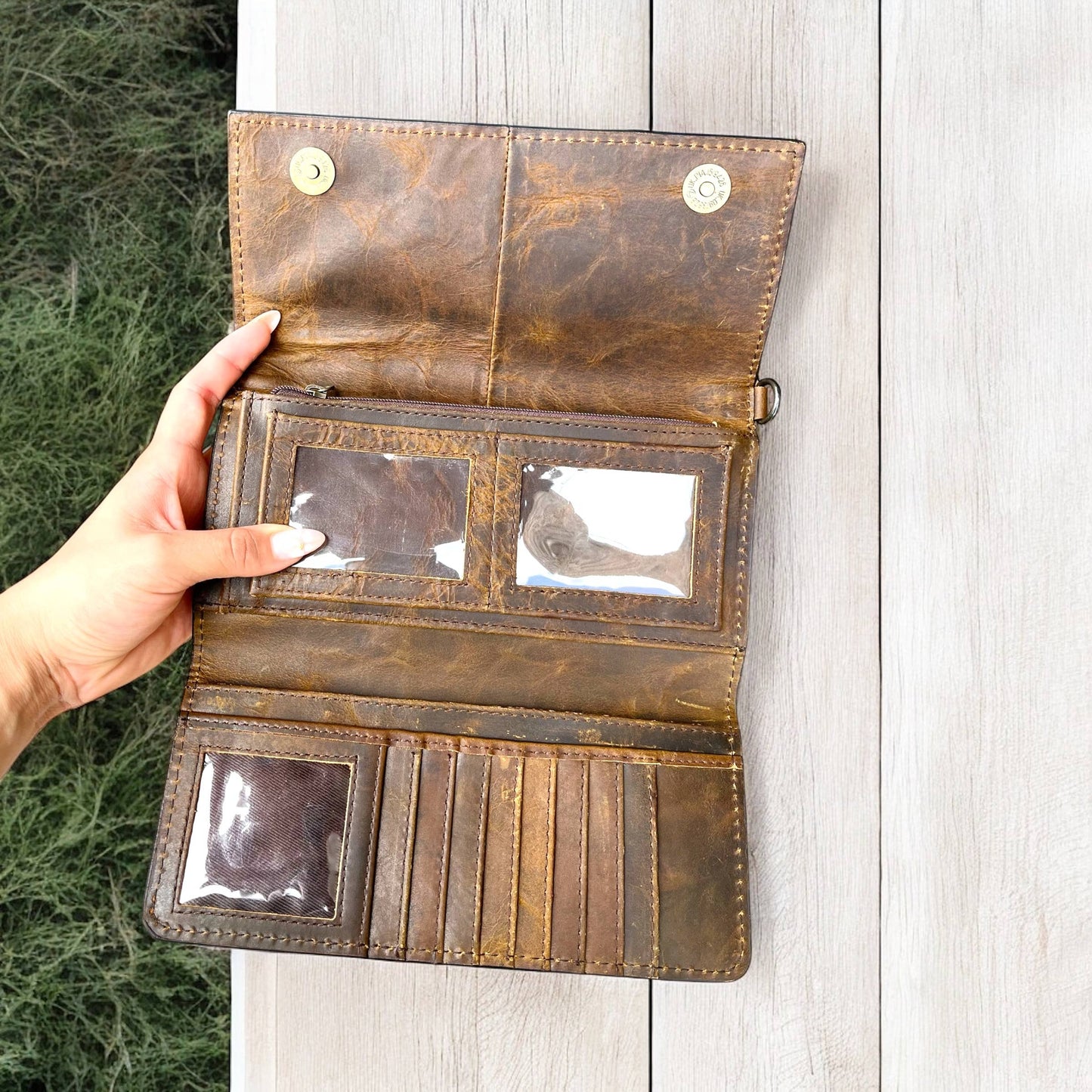 Cowhide & tooled leather crossbody wallet