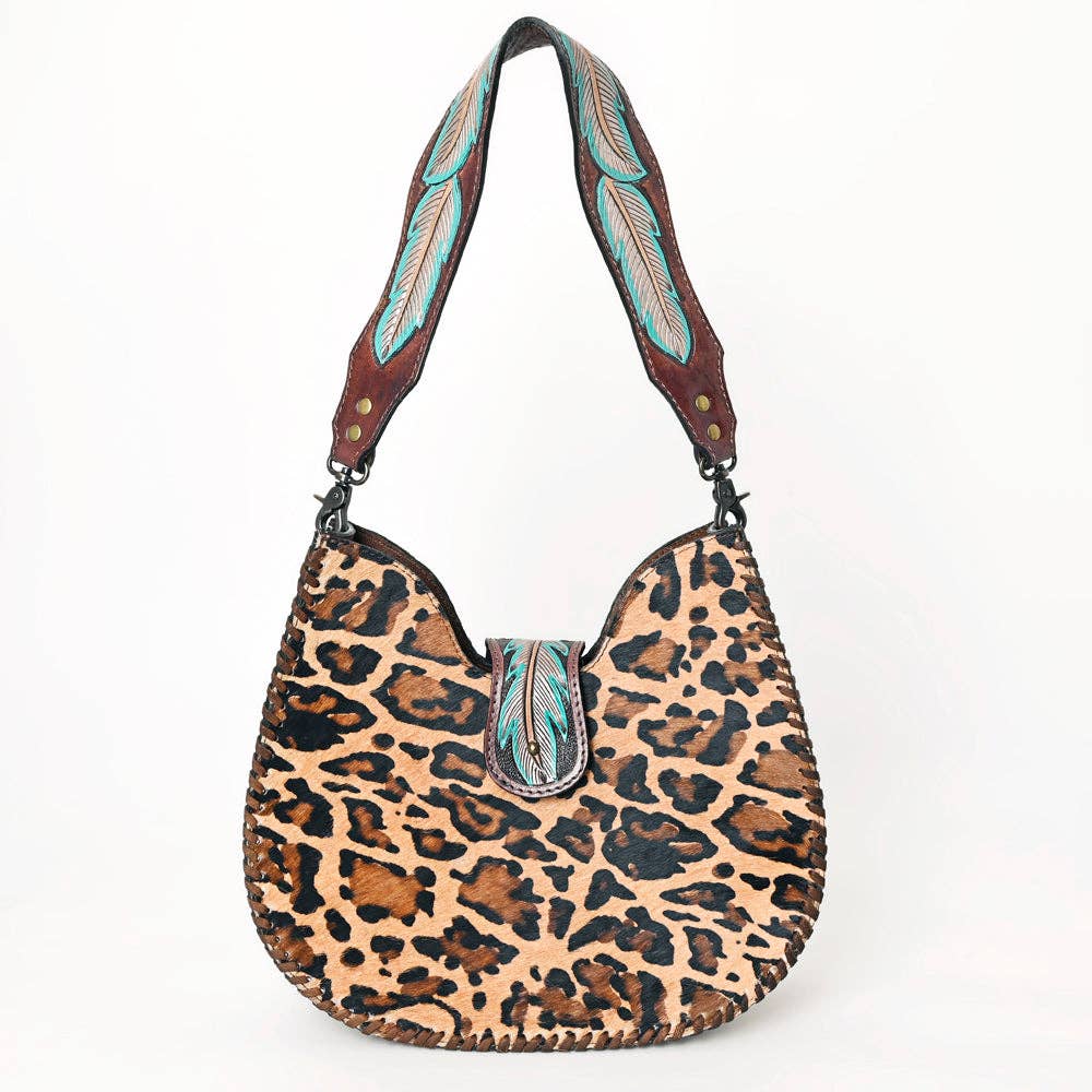 ADBG1075 Leopard Print Cowhide Hobo Bag with Tooled Feather Strap-Western Leather Shoulder Purse