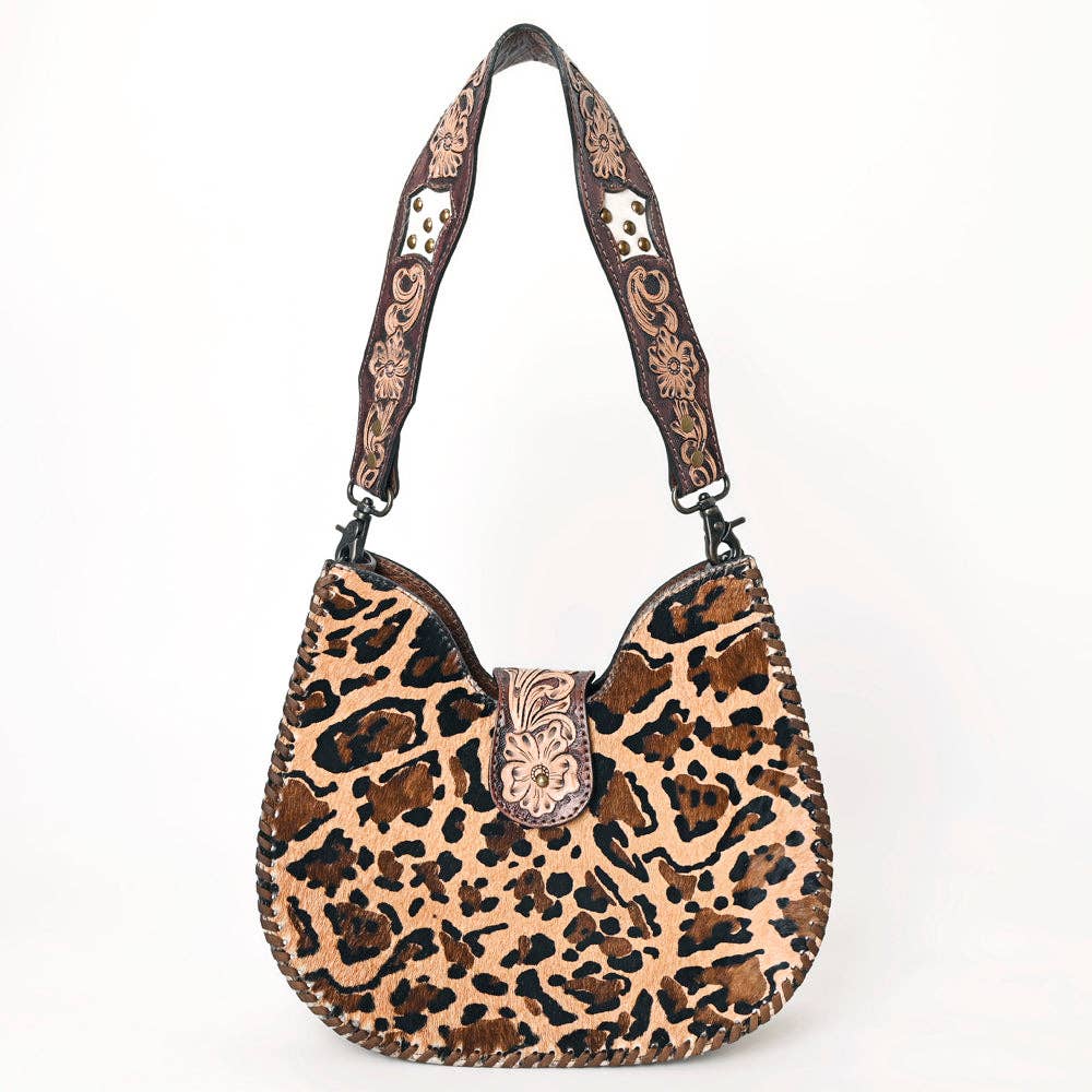 ADBG1075 Leopard Print Cowhide Hobo Bag with Tooled Feather Strap-Western Leather Shoulder Purse