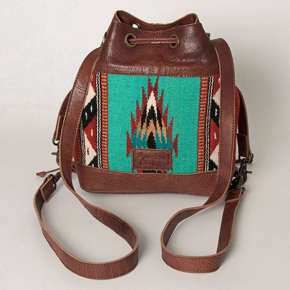 LC-ADBG862 Hand-Tooled Western Leather Bucket Bag with Wool Blanket Weave American Darling Drawstring Purse